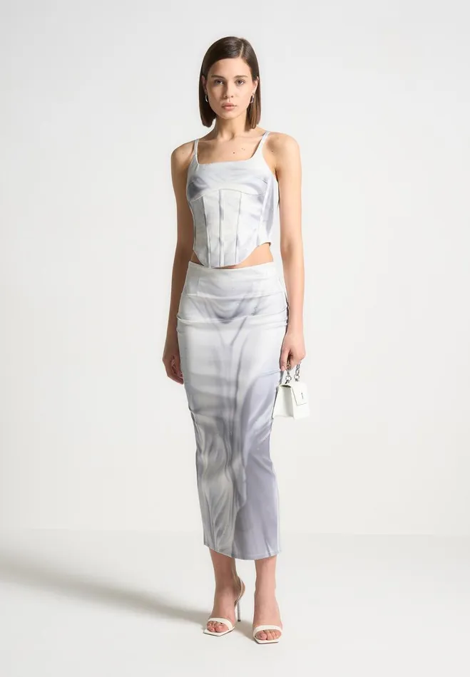 Manire De Voir Matching Sets Manire De Voir Woman Satin Renaissance Body Print Midaxi Skirt 8211 Off White