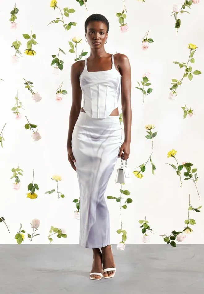 Manire De Voir Matching Sets Manire De Voir Woman Satin Renaissance Body Print Midaxi Skirt 8211 Off White