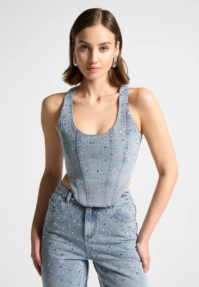Manire De Voir Matching Sets Manire De Voir Woman Scattered Rhinestone Denim Corset Top 8211 Mid Blue Manire De Voir Matching Sets Manire De Voir Woman Scattered Rhinestone Denim Corset Top 8211 Mid Blue