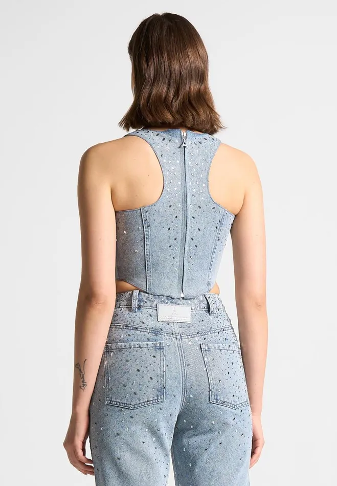 Manire De Voir Matching Sets Manire De Voir Woman Scattered Rhinestone Denim Corset Top 8211 Mid Blue