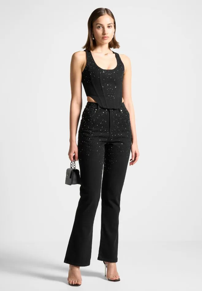 Manire De Voir Matching Sets Manire De Voir Woman Scattered Rhinestone Mini Flare Jeans 8211 Black Manire De Voir Matching Sets Manire De Voir Woman Scattered Rhinestone Mini Flare Jeans 8211 Black