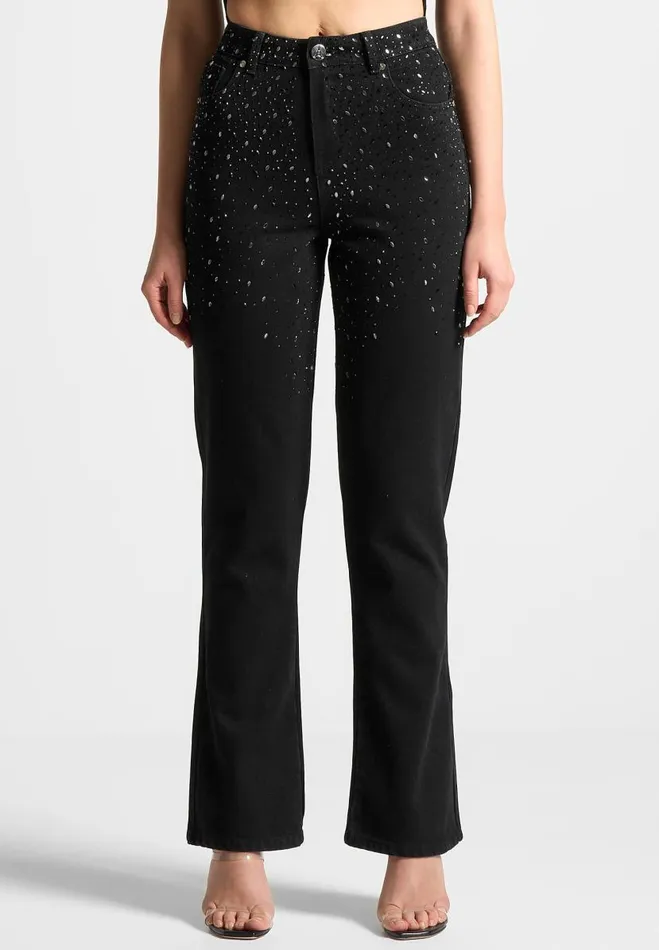 Manire De Voir Matching Sets Manire De Voir Woman Scattered Rhinestone Mini Flare Jeans 8211 Black