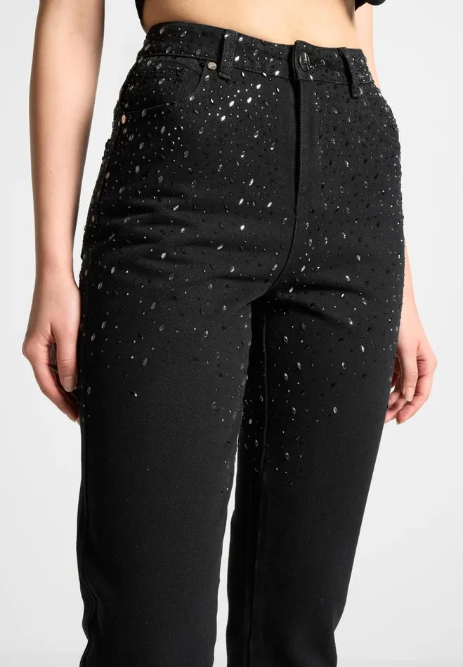 Manire De Voir Matching Sets Manire De Voir Woman Scattered Rhinestone Mini Flare Jeans 8211 Black
