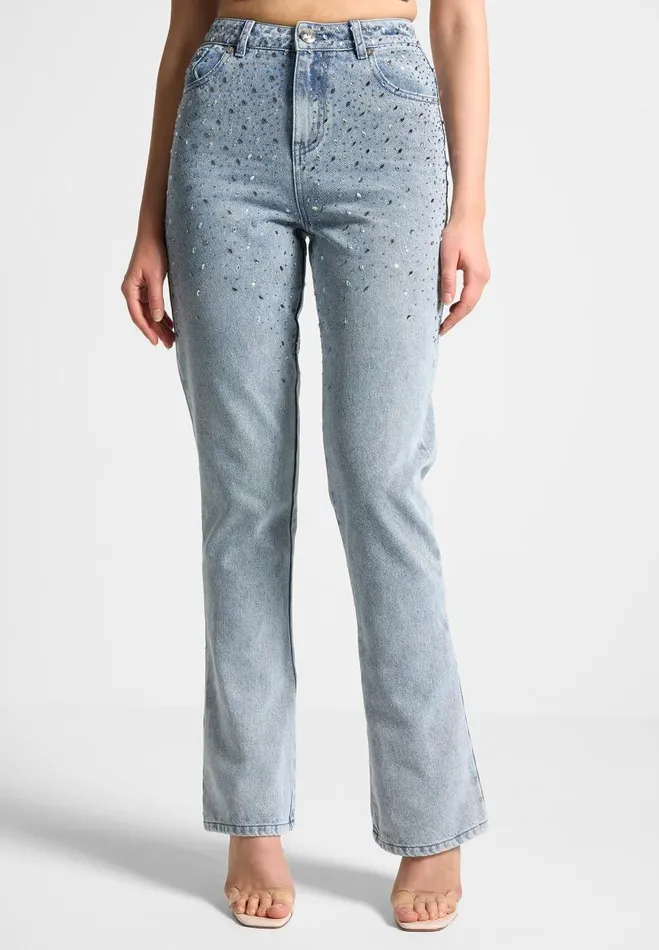 Manire De Voir Matching Sets Manire De Voir Woman Scattered Rhinestone Mini Flare Jeans 8211 Mid Blue Manire De Voir Matching Sets Manire De Voir Woman Scattered Rhinestone Mini Flare Jeans 8211 Mid Blue