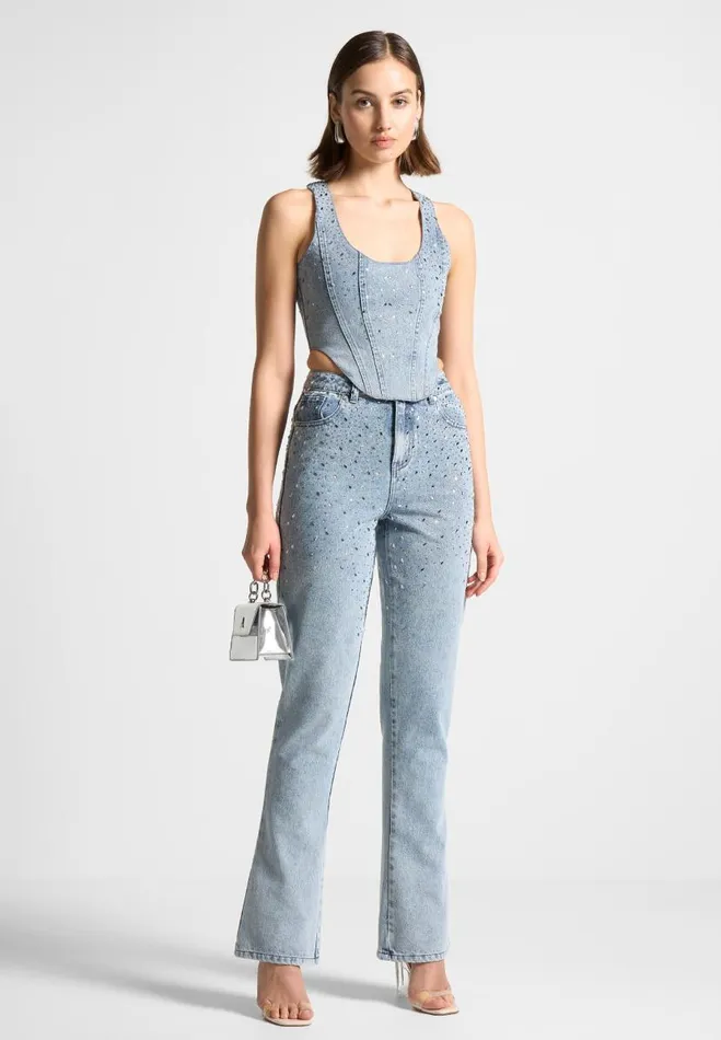 Manire De Voir Matching Sets Manire De Voir Woman Scattered Rhinestone Mini Flare Jeans 8211 Mid Blue