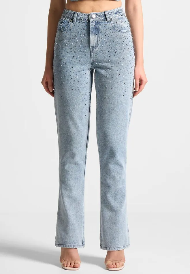 Manire De Voir Matching Sets Manire De Voir Woman Scattered Rhinestone Mini Flare Jeans 8211 Mid Blue