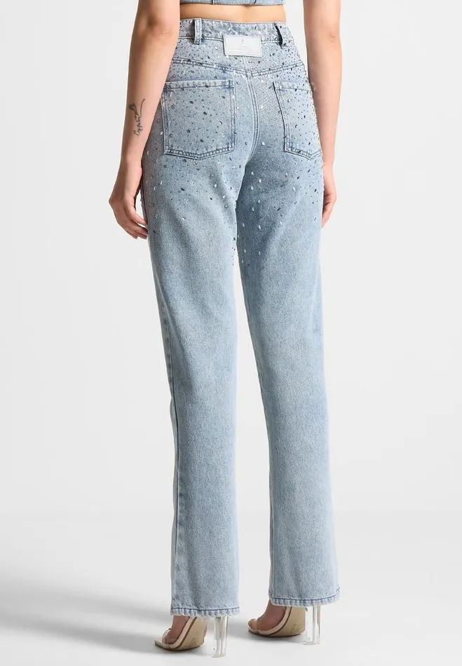 Manire De Voir Matching Sets Manire De Voir Woman Scattered Rhinestone Mini Flare Jeans 8211 Mid Blue