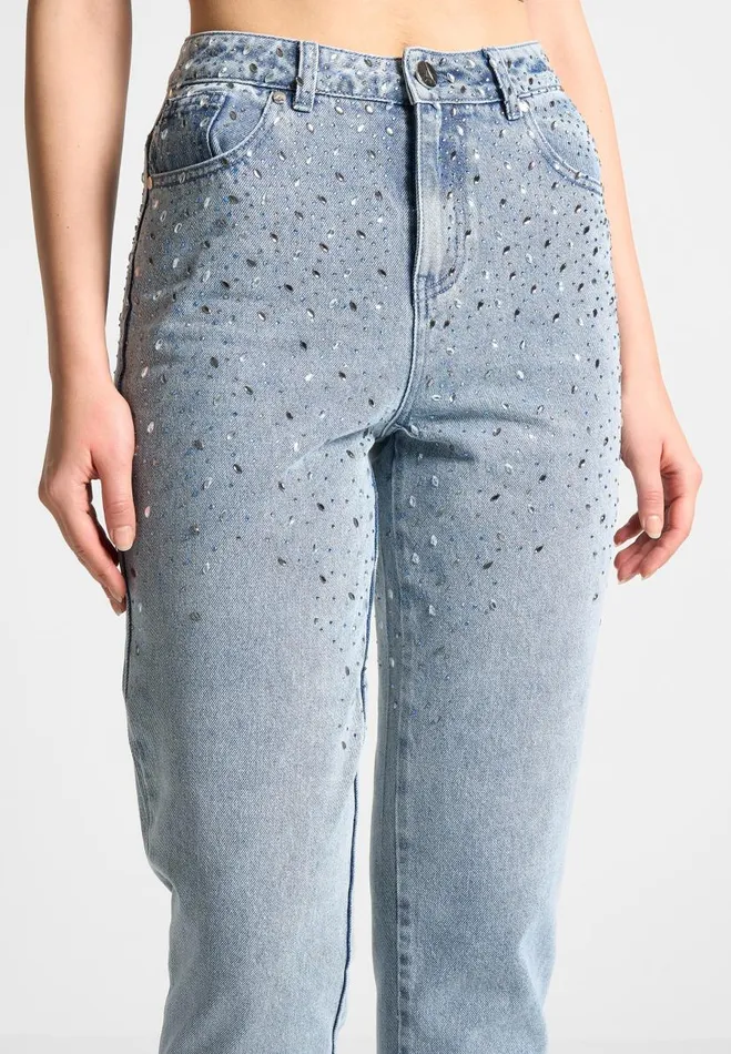 Manire De Voir Matching Sets Manire De Voir Woman Scattered Rhinestone Mini Flare Jeans 8211 Mid Blue