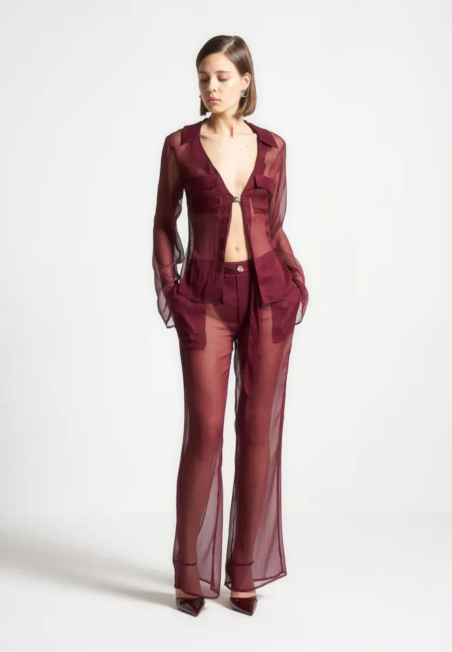 Manire De Voir Matching Sets Manire De Voir Woman Sheer Belted Trousers 8211 Wine Red Manire De Voir Matching Sets Manire De Voir Woman Sheer Belted Trousers 8211 Wine Red