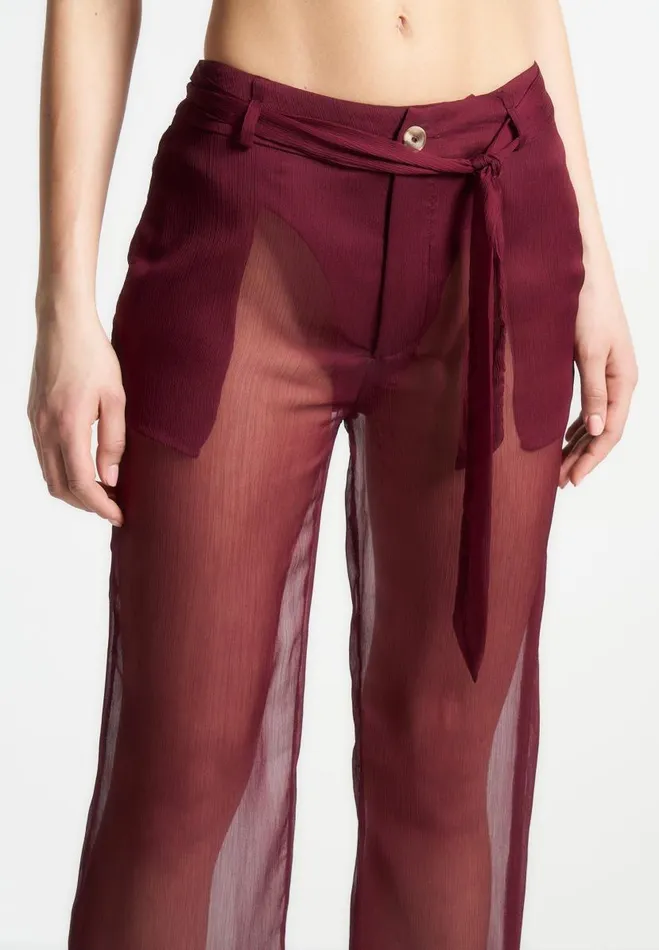 Manire De Voir Matching Sets Manire De Voir Woman Sheer Belted Trousers 8211 Wine Red