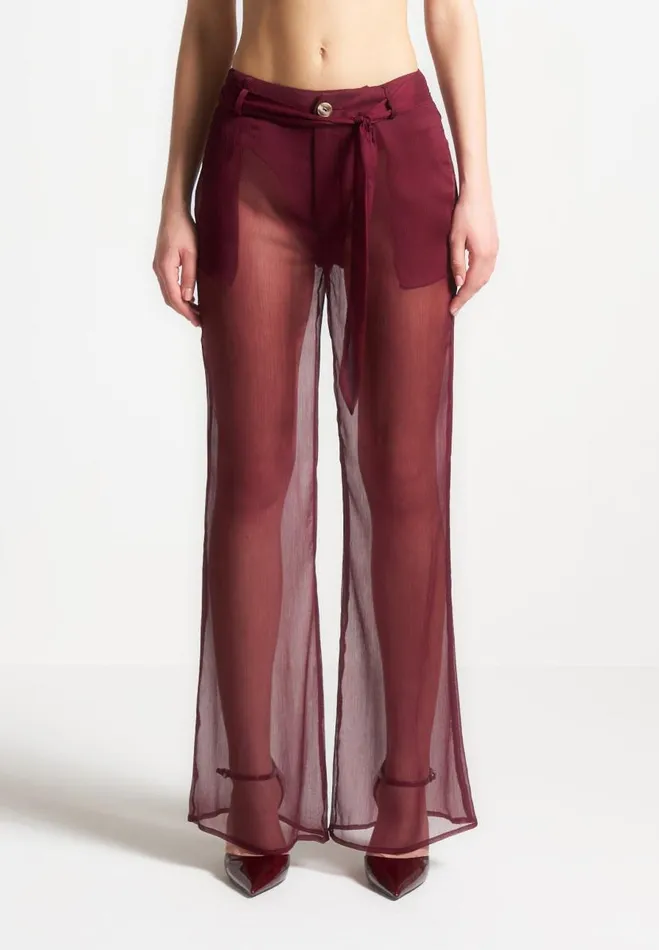 Manire De Voir Matching Sets Manire De Voir Woman Sheer Belted Trousers 8211 Wine Red