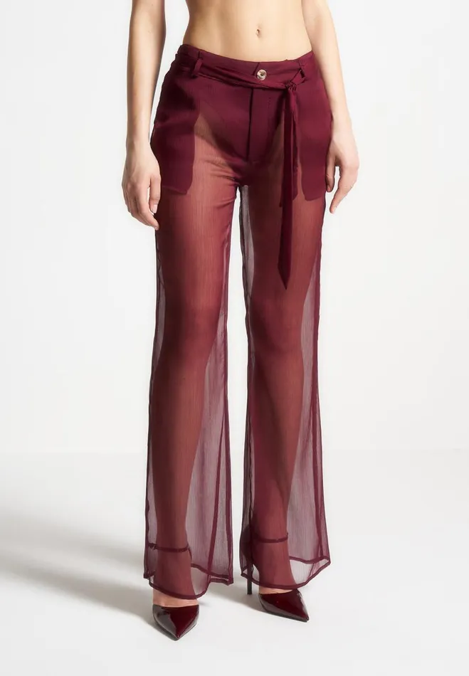 Manire De Voir Matching Sets Manire De Voir Woman Sheer Belted Trousers 8211 Wine Red