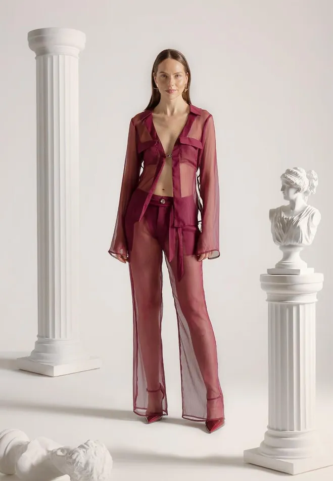 Manire De Voir Matching Sets Manire De Voir Woman Sheer Belted Trousers 8211 Wine Red