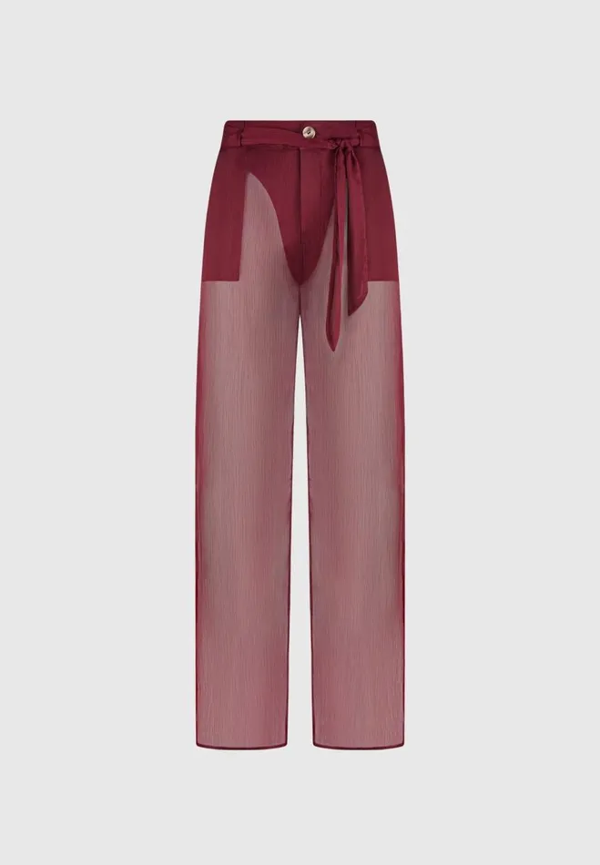 Manire De Voir Matching Sets Manire De Voir Woman Sheer Belted Trousers 8211 Wine Red