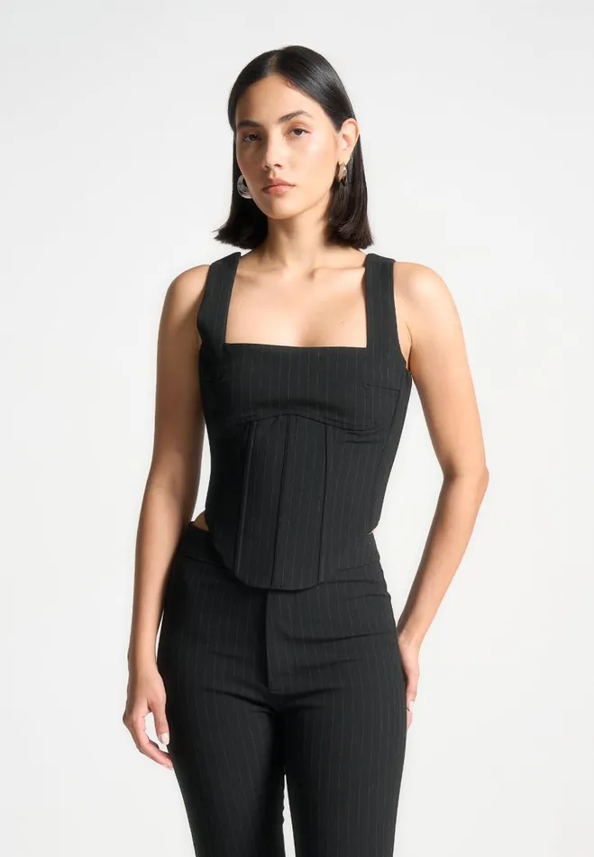 Manire De Voir Matching Sets Manire De Voir Woman Square Neck Pinstripe Corset Top 8211 Black Manire De Voir Matching Sets Manire De Voir Woman Square Neck Pinstripe Corset Top 8211 Black