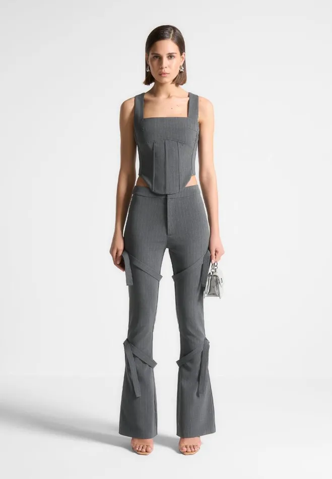 Manire De Voir Matching Sets Manire De Voir Woman Strap Detail Pinstripe Fit And Flare Leggings 8211 Grey Manire De Voir Matching Sets Manire De Voir Woman Strap Detail Pinstripe Fit And Flare Leggings 8211 Grey