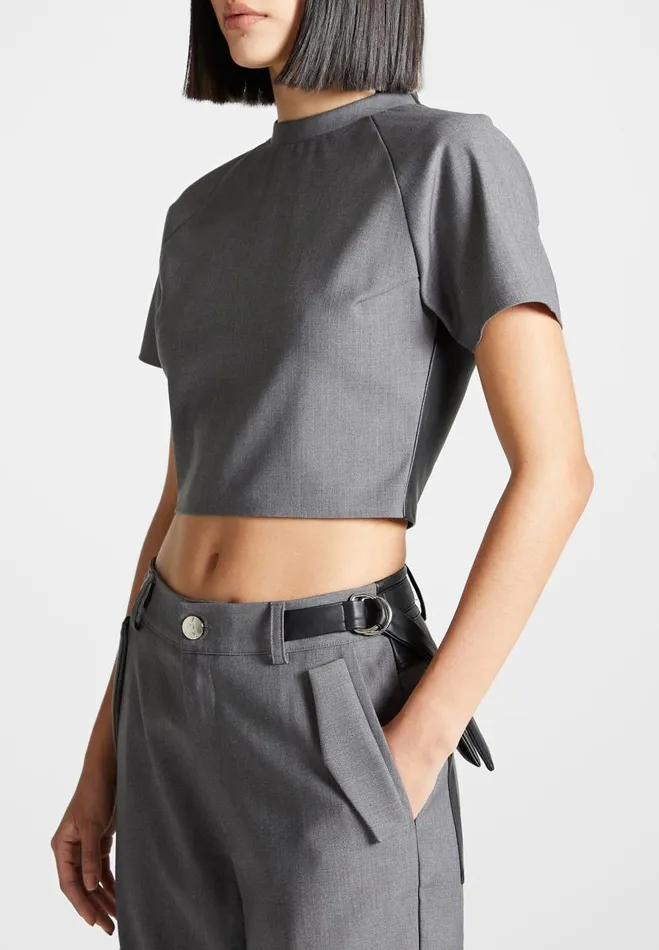 Manire De Voir Matching Sets Manire De Voir Woman Tailored Mock Neck Top 8211 GreyBlack Manire De Voir Matching Sets Manire De Voir Woman Tailored Mock Neck Top 8211 GreyBlack