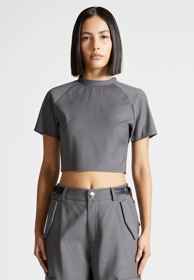 Manire De Voir Matching Sets Manire De Voir Woman Tailored Mock Neck Top 8211 GreyBlack