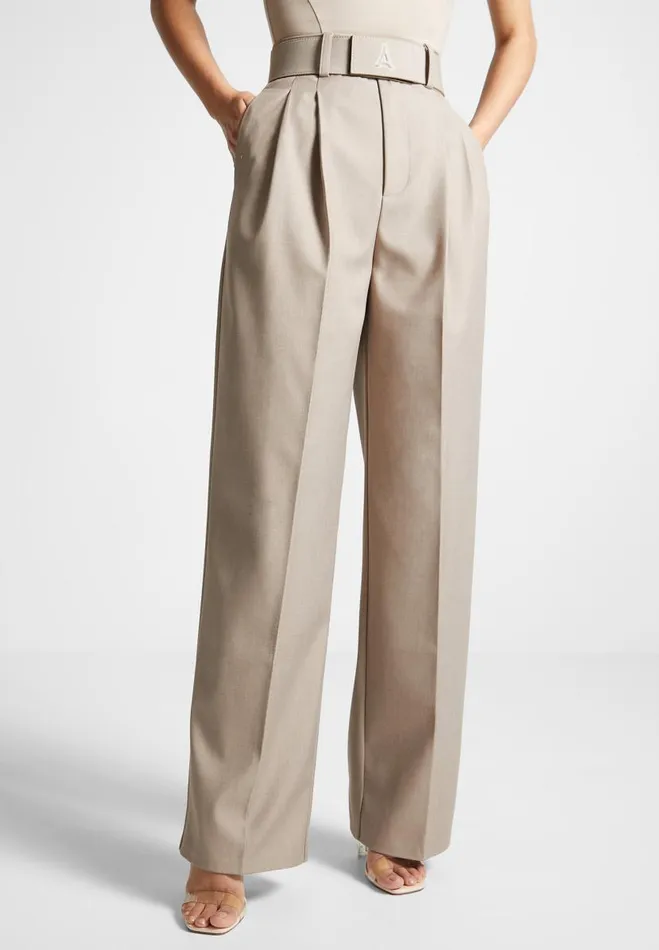 Manire De Voir Matching Sets Manire De Voir Woman Tailored Pleated Trousers With Eiffel Belt 8211 Taupe Manire De Voir Matching Sets Manire De Voir Woman Tailored Pleated Trousers With Eiffel Belt 8211 Taupe