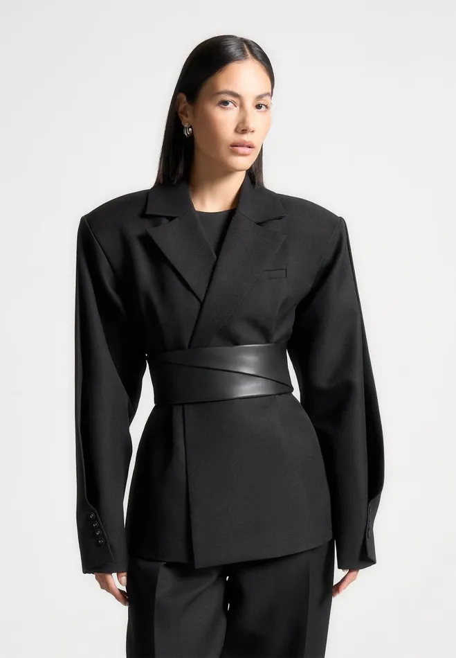 Manire De Voir Matching Sets Manire De Voir Woman Twist Sleeve Tailored Blazer With Belt 8211 Black Manire De Voir Matching Sets Manire De Voir Woman Twist Sleeve Tailored Blazer With Belt 8211 Black