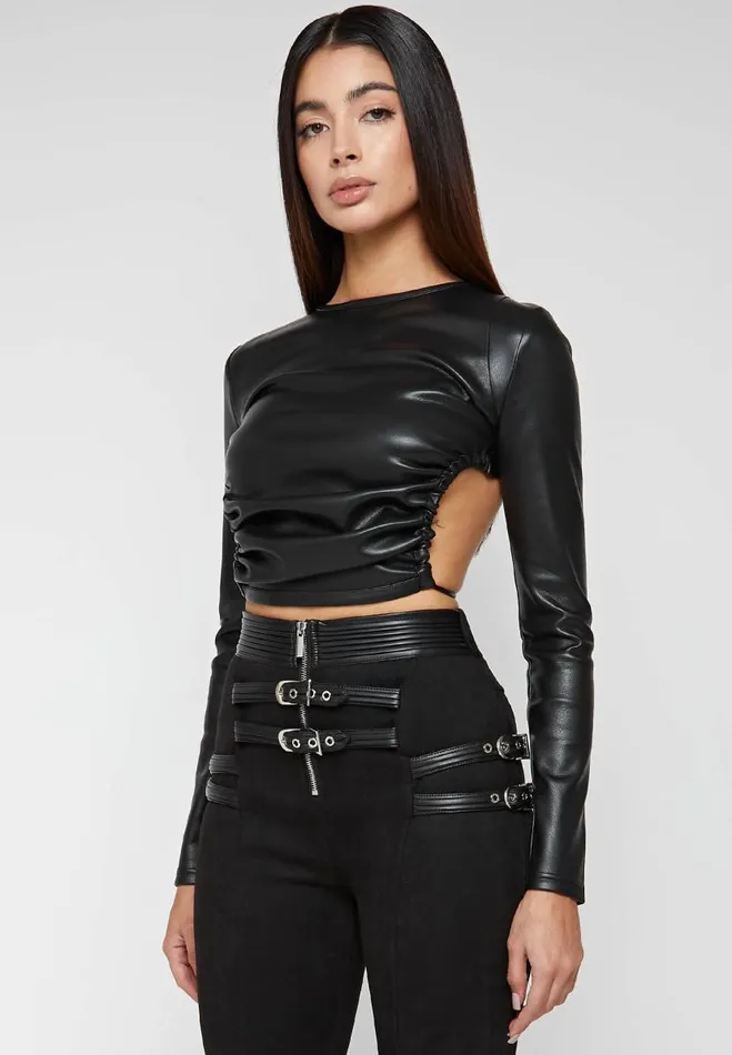 Manire De Voir Matching Sets Manire De Voir Woman Vegan Leather Backless Top 8211 Black Manire De Voir Matching Sets Manire De Voir Woman Vegan Leather Backless Top 8211 Black