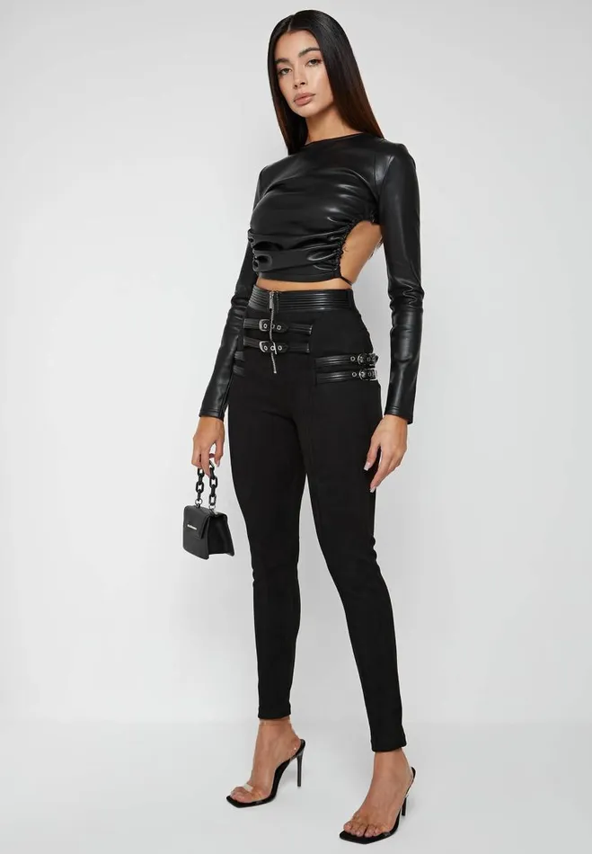 Manire De Voir Matching Sets Manire De Voir Woman Vegan Leather Backless Top 8211 Black
