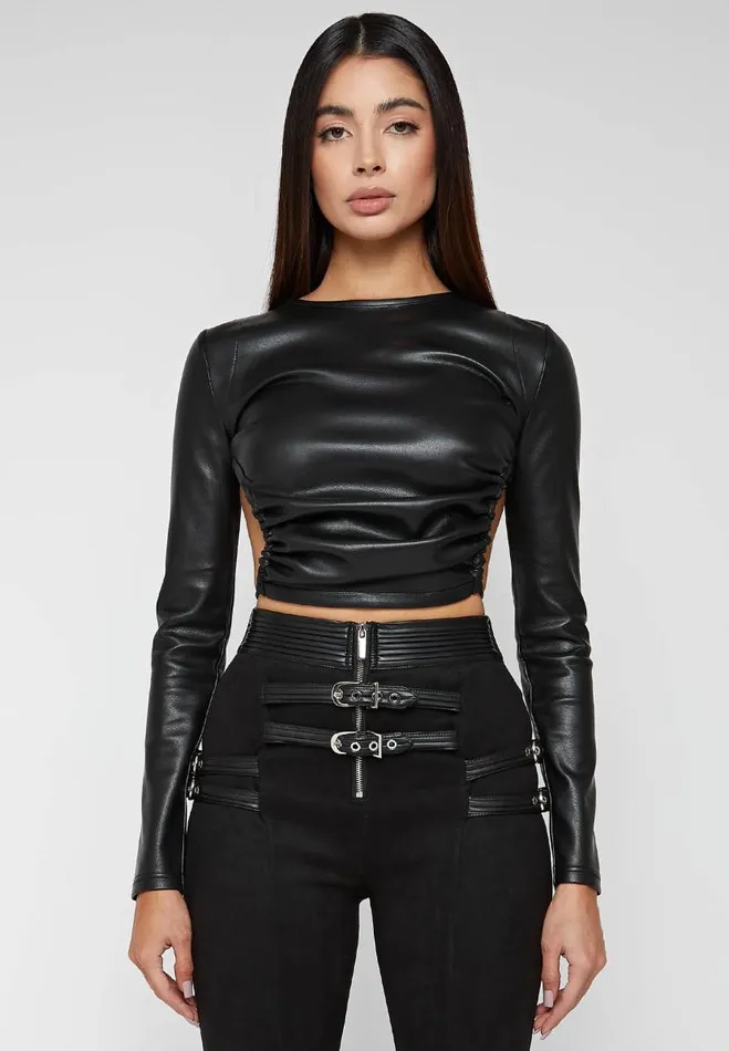 Manire De Voir Matching Sets Manire De Voir Woman Vegan Leather Backless Top 8211 Black