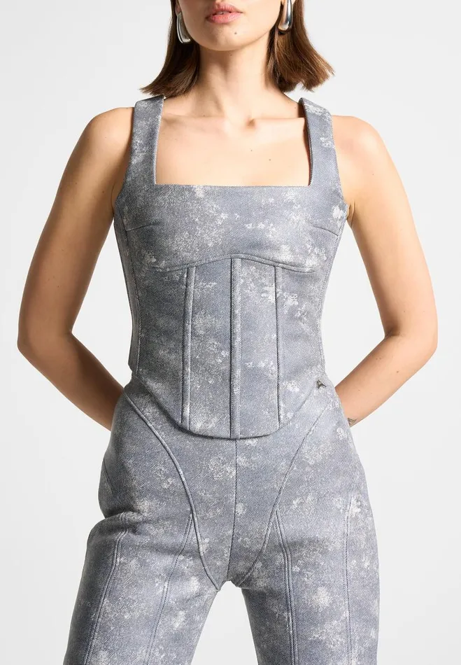 Manire De Voir Matching Sets Manire De Voir Woman Vegan Leather Denim Effect Corset Top 8211 Blue Manire De Voir Matching Sets Manire De Voir Woman Vegan Leather Denim Effect Corset Top 8211 Blue