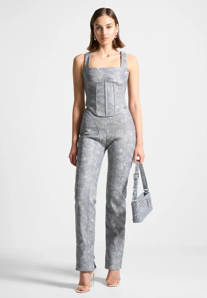 Manire De Voir Matching Sets Manire De Voir Woman Vegan Leather Denim Effect Corset Top 8211 Blue