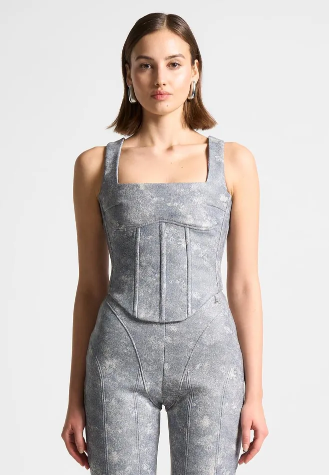 Manire De Voir Matching Sets Manire De Voir Woman Vegan Leather Denim Effect Corset Top 8211 Blue