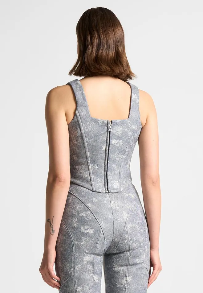 Manire De Voir Matching Sets Manire De Voir Woman Vegan Leather Denim Effect Corset Top 8211 Blue