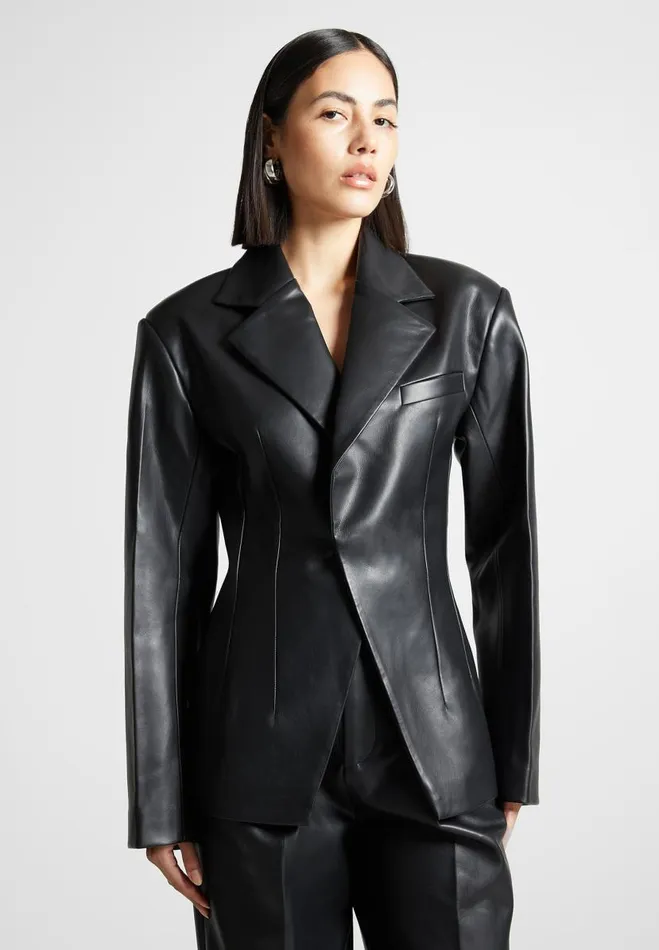 Manire De Voir Matching Sets Manire De Voir Woman Vegan Leather Double Breasted Blazer 8211 Black Manire De Voir Matching Sets Manire De Voir Woman Vegan Leather Double Breasted Blazer 8211 Black