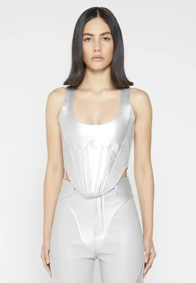 Manire De Voir Matching Sets Manire De Voir Woman Vegan Leather Metallic Corset Top 8211 Silver Manire De Voir Matching Sets Manire De Voir Woman Vegan Leather Metallic Corset Top 8211 Silver