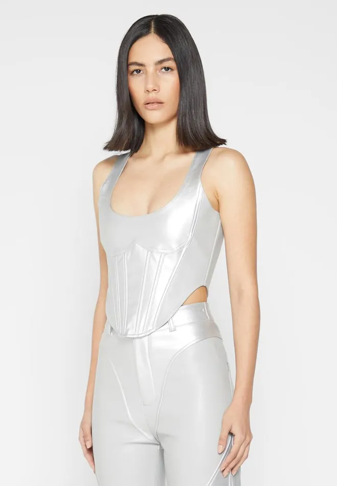 Manire De Voir Matching Sets Manire De Voir Woman Vegan Leather Metallic Corset Top 8211 Silver