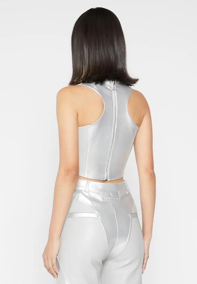 Manire De Voir Matching Sets Manire De Voir Woman Vegan Leather Metallic Corset Top 8211 Silver