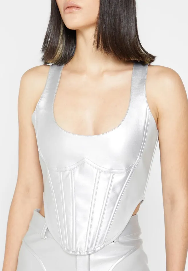 Manire De Voir Matching Sets Manire De Voir Woman Vegan Leather Metallic Corset Top 8211 Silver