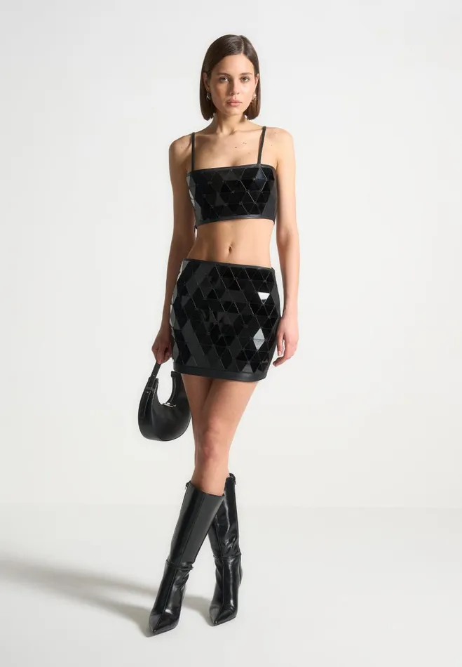 Manire De Voir Matching Sets Manire De Voir Woman Vegan Leather Mirrored Bandeau Top 8211 BlackBlack