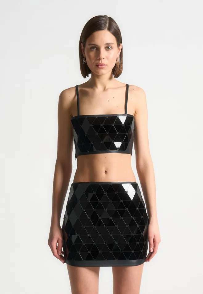 Manire De Voir Matching Sets Manire De Voir Woman Vegan Leather Mirrored Bandeau Top 8211 BlackBlack