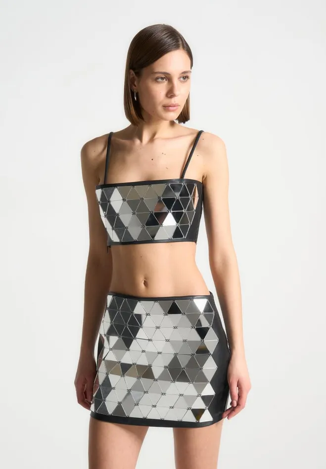 Manire De Voir Matching Sets Manire De Voir Woman Vegan Leather Mirrored Bandeau Top 8211 SilverBlack Manire De Voir Matching Sets Manire De Voir Woman Vegan Leather Mirrored Bandeau Top 8211 SilverBlack