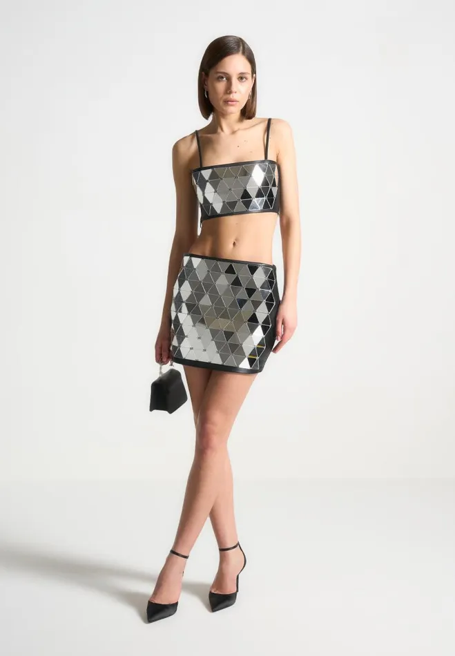 Manire De Voir Matching Sets Manire De Voir Woman Vegan Leather Mirrored Bandeau Top 8211 SilverBlack