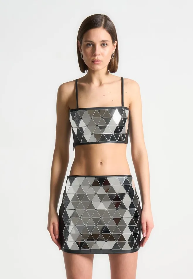Manire De Voir Matching Sets Manire De Voir Woman Vegan Leather Mirrored Bandeau Top 8211 SilverBlack