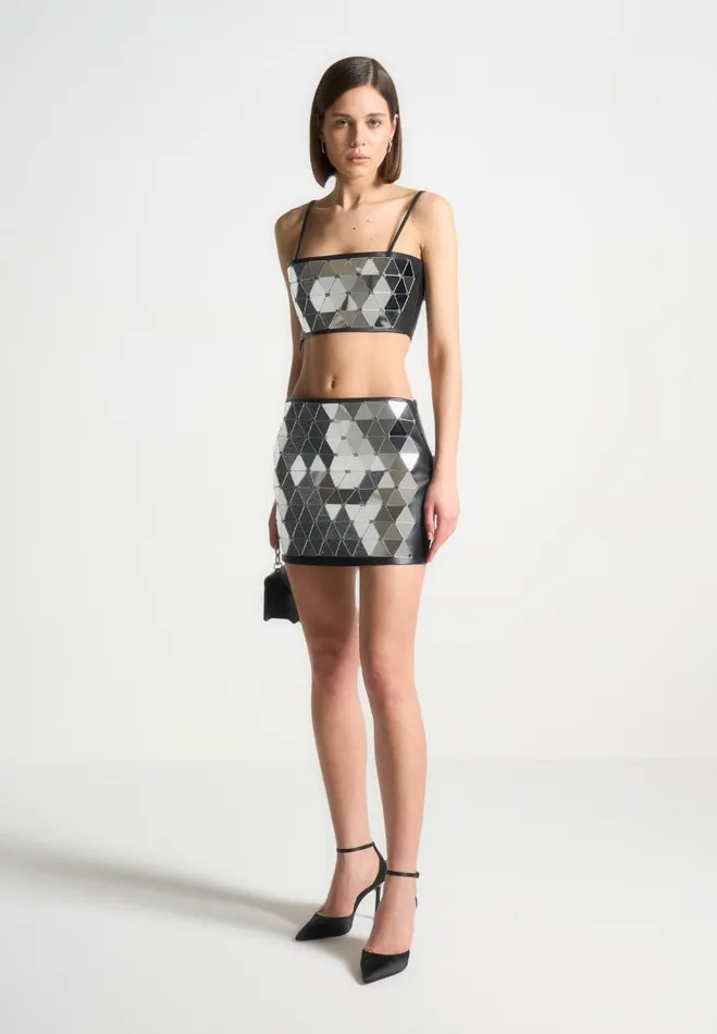 Manire De Voir Matching Sets Manire De Voir Woman Vegan Leather Mirrored Mini Skirt 8211 SilverBlack