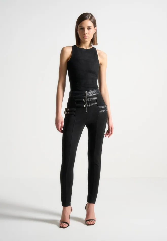 Manire De Voir Matching Sets Manire De Voir Woman Vegan Suede Buckle Detail Leggings 8211 Black