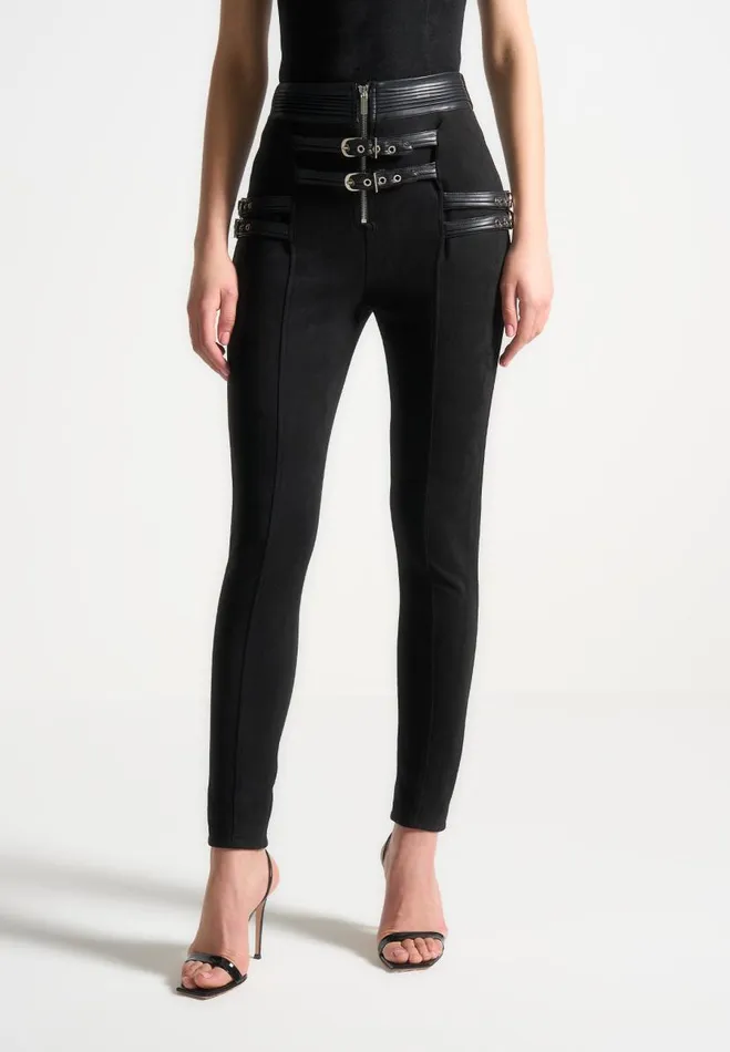 Manire De Voir Matching Sets Manire De Voir Woman Vegan Suede Buckle Detail Leggings 8211 Black
