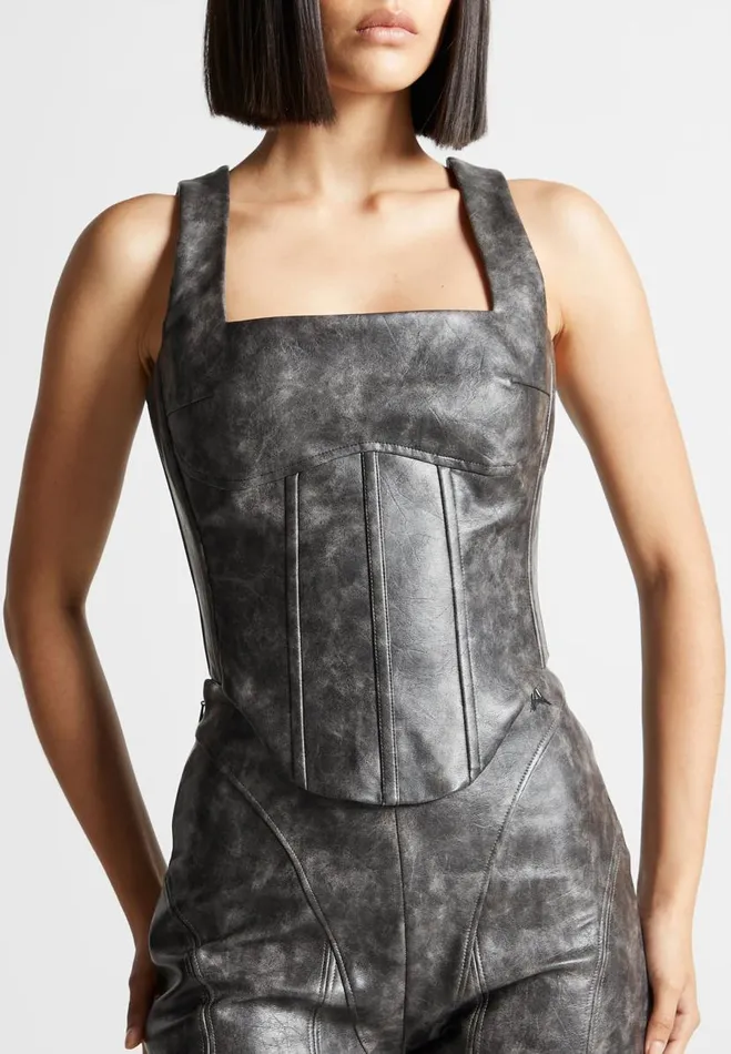 Manire De Voir Matching Sets Manire De Voir Woman Vintage Vegan Leather Corset Top 8211 Grey Manire De Voir Matching Sets Manire De Voir Woman Vintage Vegan Leather Corset Top 8211 Grey