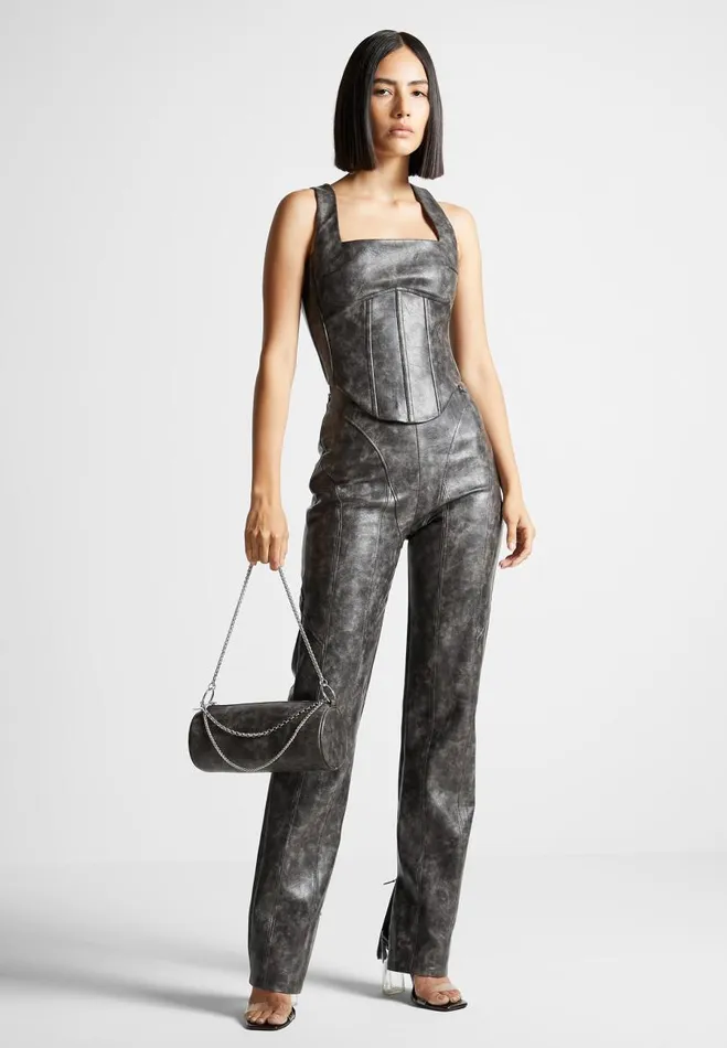Manire De Voir Matching Sets Manire De Voir Woman Vintage Vegan Leather Corset Top 8211 Grey