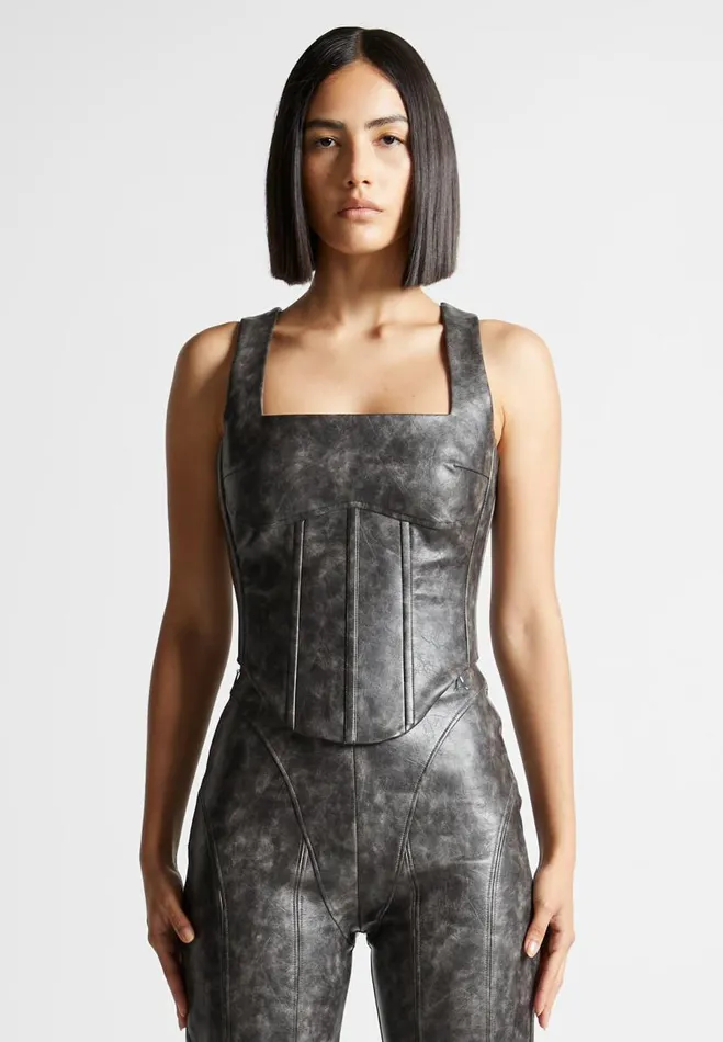 Manire De Voir Matching Sets Manire De Voir Woman Vintage Vegan Leather Corset Top 8211 Grey