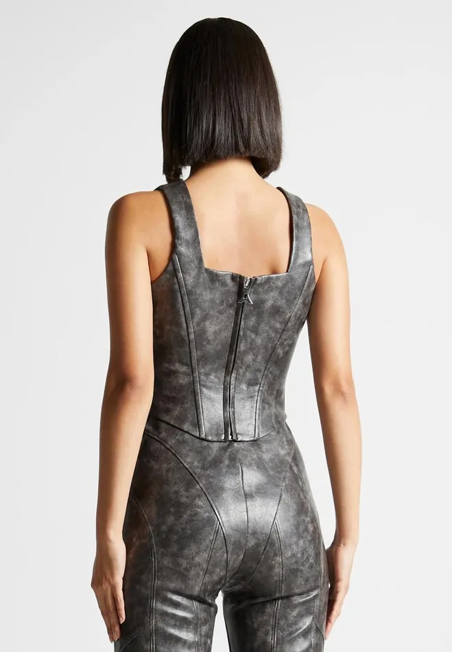 Manire De Voir Matching Sets Manire De Voir Woman Vintage Vegan Leather Corset Top 8211 Grey