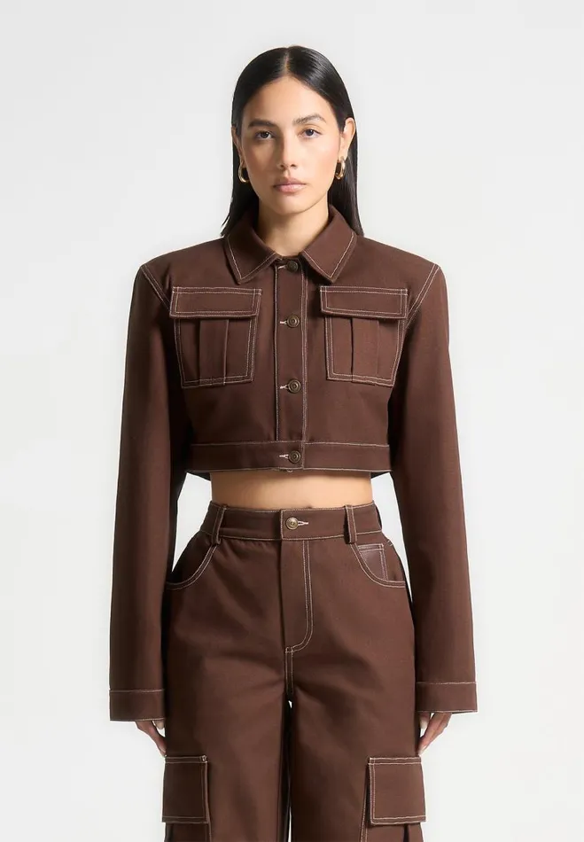 Manire De Voir Matching Sets Manire De Voir Woman Wide Shoulder Drill Jacket 8211 Brown Manire De Voir Matching Sets Manire De Voir Woman Wide Shoulder Drill Jacket 8211 Brown