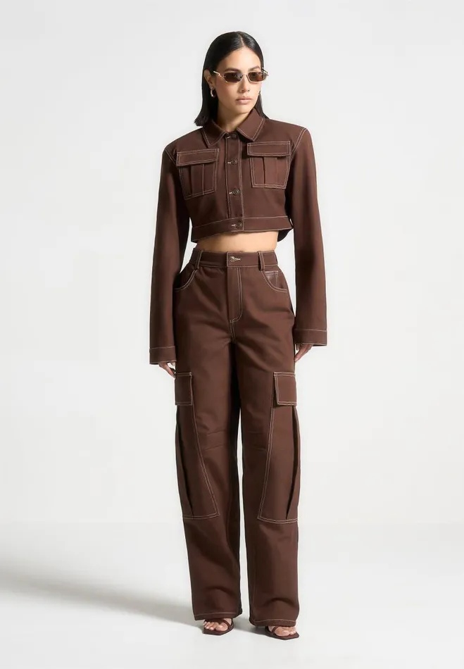Manire De Voir Matching Sets Manire De Voir Woman Wide Shoulder Drill Jacket 8211 Brown